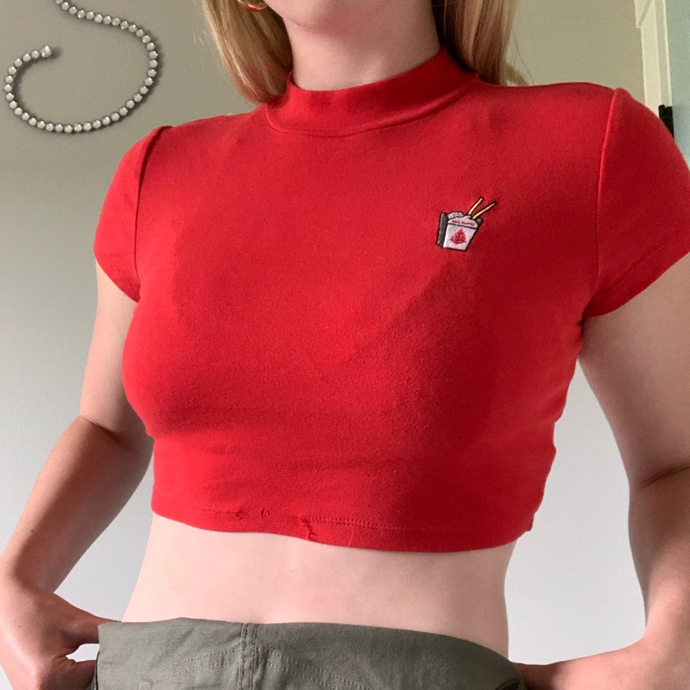 Small red crop top with Chinese takeout box